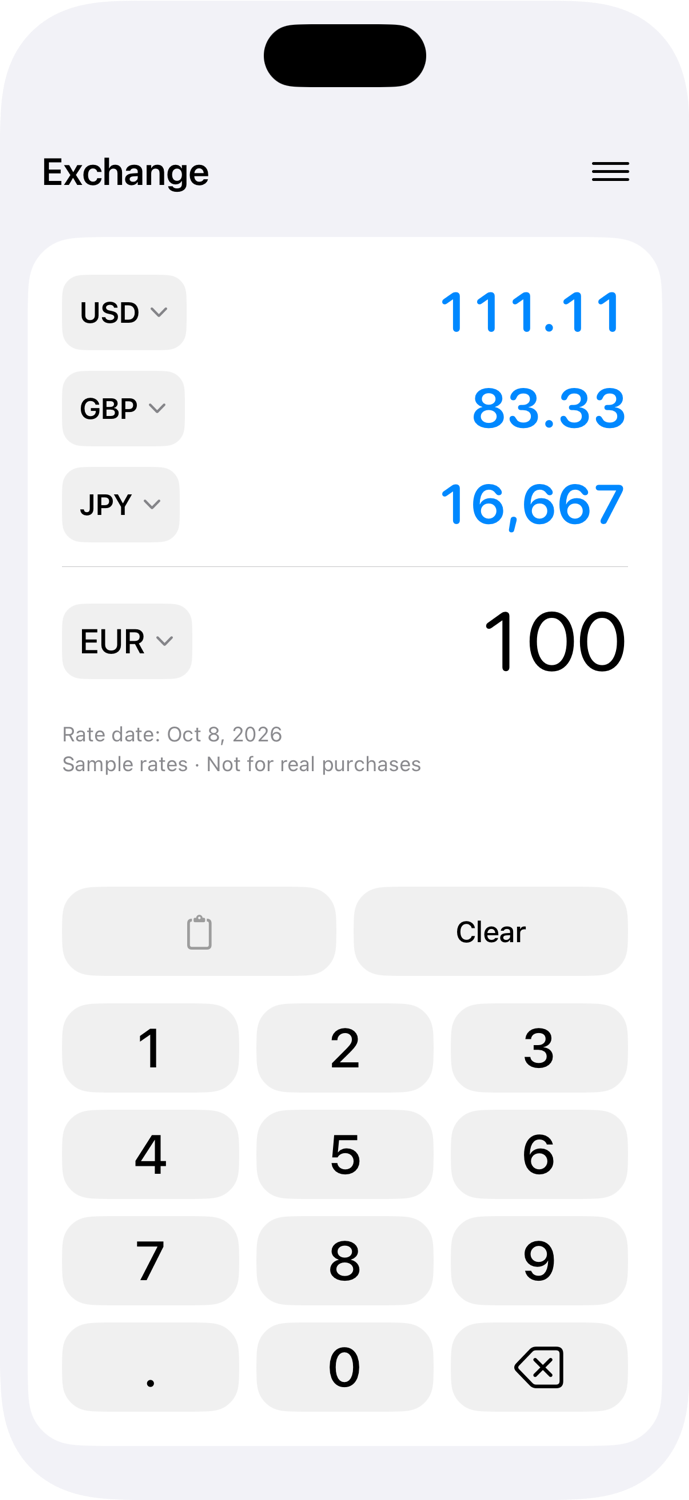 Minimalistic Trio converting 100 euros to US dollars, British pounds, and Japanese yen using sample rates